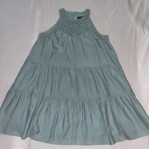 BTFBM Womens Sz L Crochet Lace Halter Tiered Babydoll Mini Dress Boho Summer